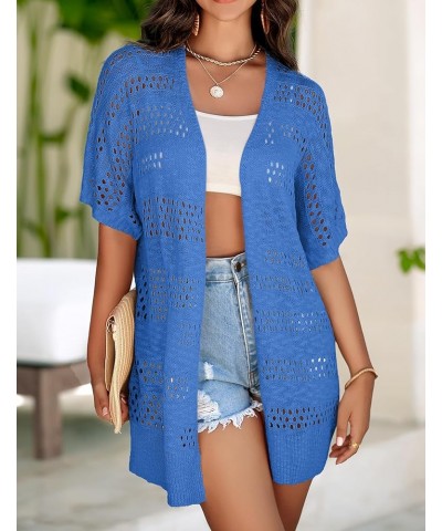 Lightweight Summer Crochet Cardigan for Women Short Sleeve Kimono Boho Oversized Open Front Knitted Cardigan Royal Blue $20.7...