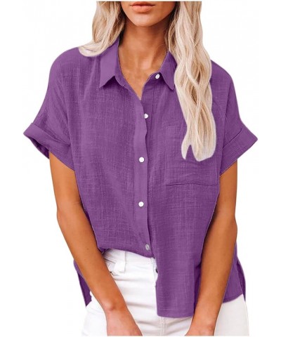 Womens Linen Button Down Shirts with Pockets V Neck Blouse Short Roll Sleeve Casual Work Solid Tops Plus Size C-purple $7.55 ...