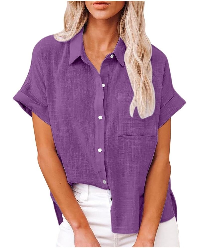 Womens Linen Button Down Shirts with Pockets V Neck Blouse Short Roll Sleeve Casual Work Solid Tops Plus Size C-purple $7.55 ...