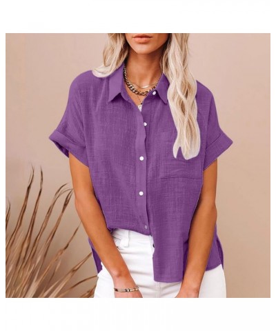 Womens Linen Button Down Shirts with Pockets V Neck Blouse Short Roll Sleeve Casual Work Solid Tops Plus Size C-purple $7.55 ...