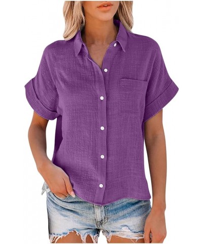 Womens Linen Button Down Shirts with Pockets V Neck Blouse Short Roll Sleeve Casual Work Solid Tops Plus Size C-purple $7.55 ...