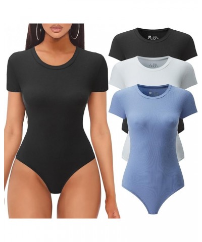 3 Pack Women's Round Neck Short Sleeve T Shirts Basic RibKnit Bodysuits Black/White/Light Blue $15.89 Bodysuits