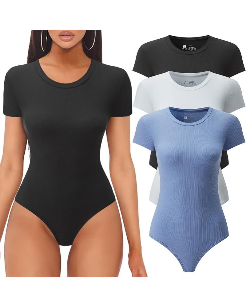 3 Pack Women's Round Neck Short Sleeve T Shirts Basic RibKnit Bodysuits Black/White/Light Blue $15.89 Bodysuits