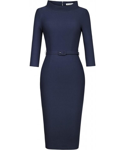 Women's 1950s Vintage 3/4 Sleeve Elegant Collar Cocktail Evening Dress Navy Blue 1 $19.75 Dresses