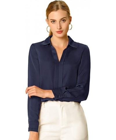 Women's Satin Blouse Elegant V Neck Long Sleeve Silky Office Work Shirt Navy Blue $20.29 Blouses