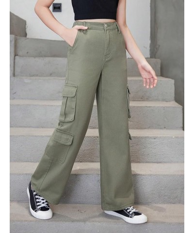 Girl's High Waist Zip Up Denim Pants Straight Leg Cargo Jeans with Pockets Army Green Solid $23.93 Jeans