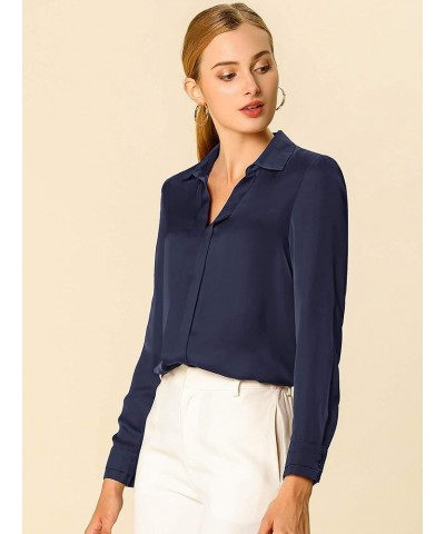 Women's Satin Blouse Elegant V Neck Long Sleeve Silky Office Work Shirt Navy Blue $20.29 Blouses