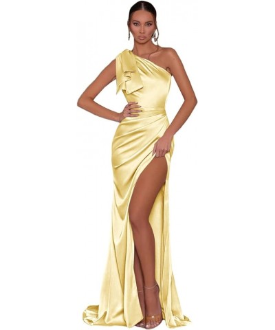 One Shoulder Mermaid Prom Dresses Long with Slit Satin Bridesmaid Dress for Women 2024 Formal Evening Gown Yellow $28.80 Dresses