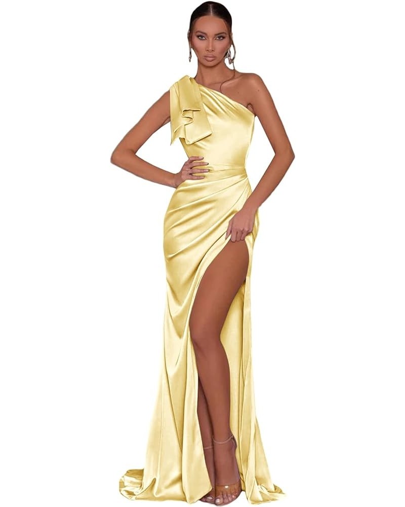 One Shoulder Mermaid Prom Dresses Long with Slit Satin Bridesmaid Dress for Women 2024 Formal Evening Gown Yellow $28.80 Dresses