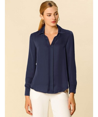 Women's Satin Blouse Elegant V Neck Long Sleeve Silky Office Work Shirt Navy Blue $20.29 Blouses