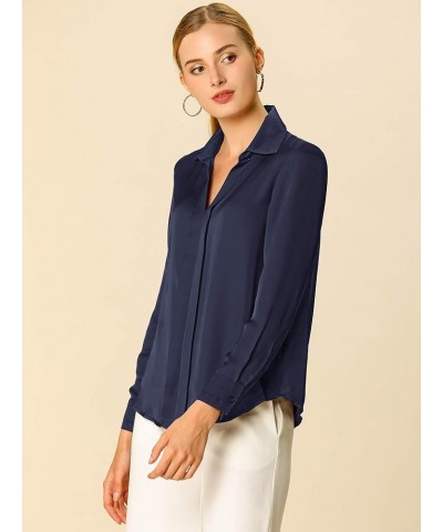 Women's Satin Blouse Elegant V Neck Long Sleeve Silky Office Work Shirt Navy Blue $20.29 Blouses