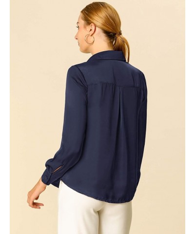 Women's Satin Blouse Elegant V Neck Long Sleeve Silky Office Work Shirt Navy Blue $20.29 Blouses