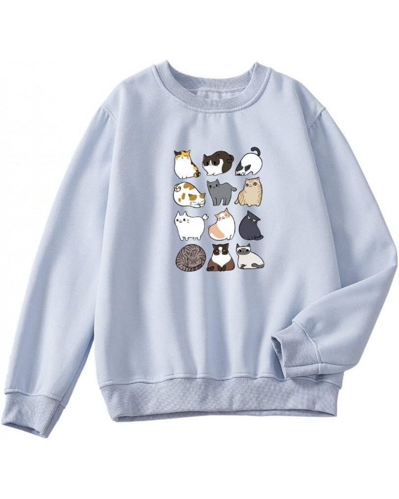 Cute Cat Hoodie Crewneck Long Sleeve Cotton Tops Pullover Sweatshirts for Women Blue $14.54 Hoodies & Sweatshirts