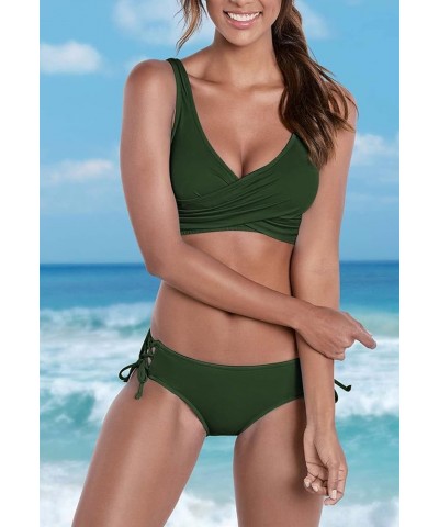 Women's Lace Up Bikini Swimsuit Set V Neck Push Up Two Piece Bathing Suit Army Green $20.34 Swimsuits