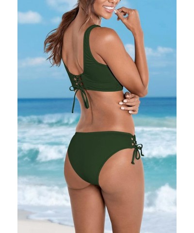 Women's Lace Up Bikini Swimsuit Set V Neck Push Up Two Piece Bathing Suit Army Green $20.34 Swimsuits