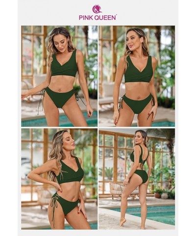 Women's Lace Up Bikini Swimsuit Set V Neck Push Up Two Piece Bathing Suit Army Green $20.34 Swimsuits