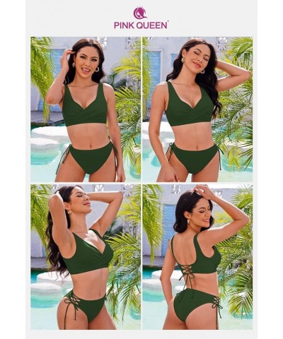 Women's Lace Up Bikini Swimsuit Set V Neck Push Up Two Piece Bathing Suit Army Green $20.34 Swimsuits