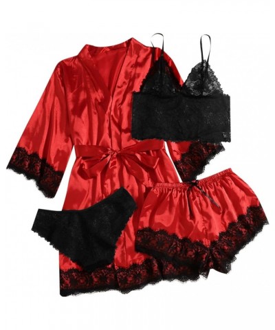 Womens Pajamas 4 Piece Pjs Sets Silk Satin Nightgown Lace Lingerie and Shorts Soft Sleepwear Lounge Set with Robe D-red $7.95...