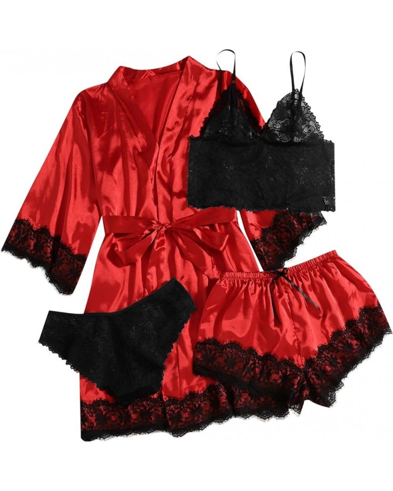 Womens Pajamas 4 Piece Pjs Sets Silk Satin Nightgown Lace Lingerie and Shorts Soft Sleepwear Lounge Set with Robe D-red $7.95...