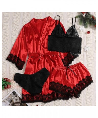 Womens Pajamas 4 Piece Pjs Sets Silk Satin Nightgown Lace Lingerie and Shorts Soft Sleepwear Lounge Set with Robe D-red $7.95...