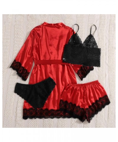 Womens Pajamas 4 Piece Pjs Sets Silk Satin Nightgown Lace Lingerie and Shorts Soft Sleepwear Lounge Set with Robe D-red $7.95...