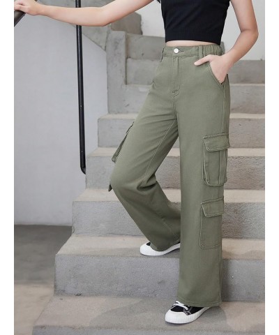 Girl's High Waist Zip Up Denim Pants Straight Leg Cargo Jeans with Pockets Army Green Solid $23.93 Jeans