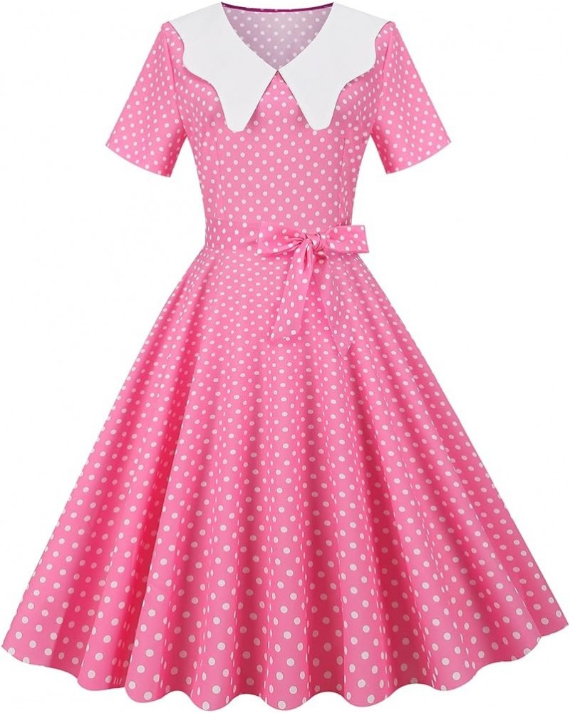 Pink Plaid Polka Dress for Women's Vintage 1950s Cocktail Party Swing Dresses Summer Casual Wedding Retro A-line Gown Pink $9...