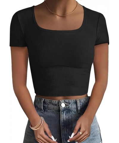 Women's Casual Short Sleeve Square Neck Summer Tops Ribbed Knit Slim Fit Tee Shirts Black $9.00 Tops