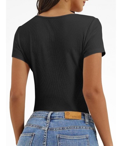 Women's Casual Short Sleeve Square Neck Summer Tops Ribbed Knit Slim Fit Tee Shirts Black $9.00 Tops