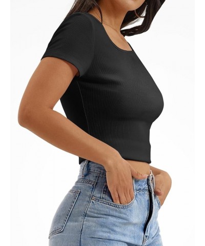 Women's Casual Short Sleeve Square Neck Summer Tops Ribbed Knit Slim Fit Tee Shirts Black $9.00 Tops