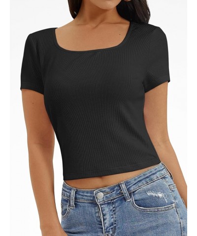 Women's Casual Short Sleeve Square Neck Summer Tops Ribbed Knit Slim Fit Tee Shirts Black $9.00 Tops