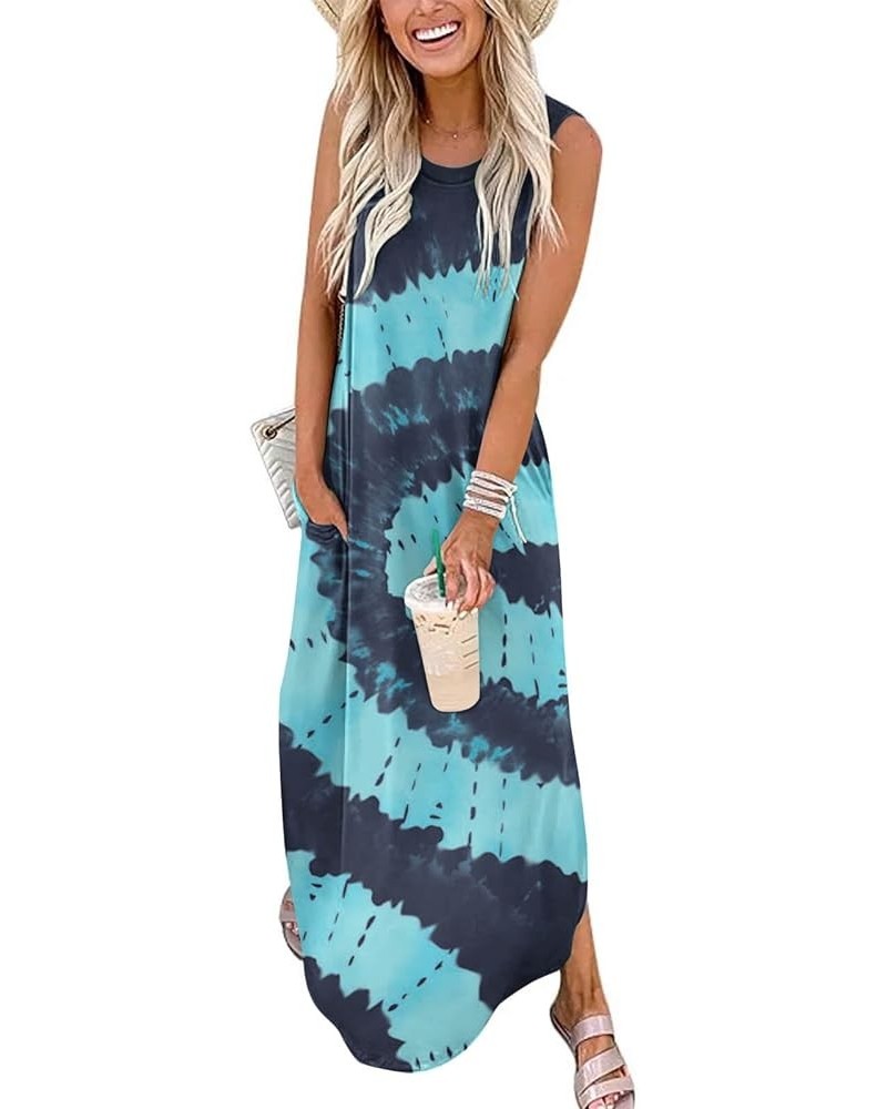 Women's Casual Summer Loose Sunresses Long Dresses Sleeveless Split Maxi Beach Dress with Pockets 4-tie Dye Blue $18.45 Dresses