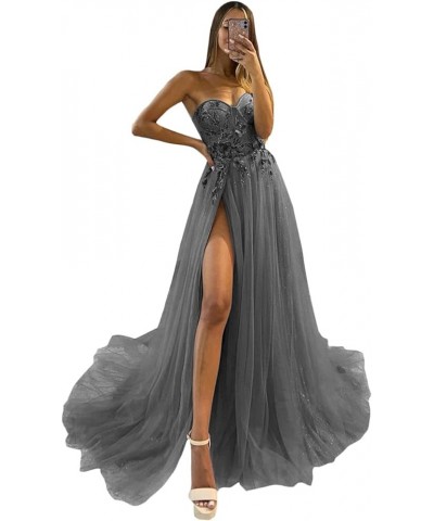 Sparkle Tulle Prom Dresses 2024 Sweetheart 3D Appliques Wedding Dresses Long Formal Evening Ball Gowns with Slit Grey $38.25 ...