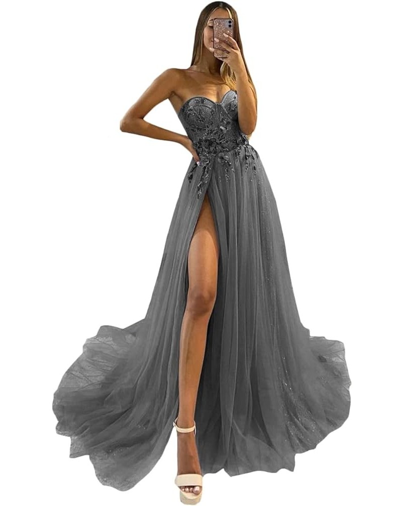 Sparkle Tulle Prom Dresses 2024 Sweetheart 3D Appliques Wedding Dresses Long Formal Evening Ball Gowns with Slit Grey $38.25 ...