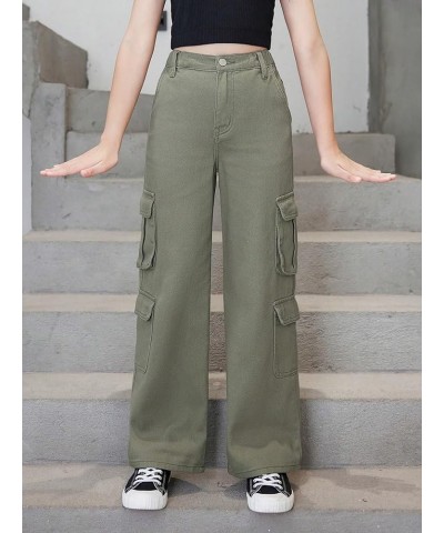 Girl's High Waist Zip Up Denim Pants Straight Leg Cargo Jeans with Pockets Army Green Solid $23.93 Jeans