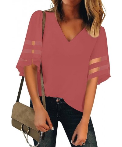 Women's V Neck Mesh Panel Blouse 3/4 Bell Sleeve Loose Top Shirt Half Sleeve Tea Rose $13.23 Blouses