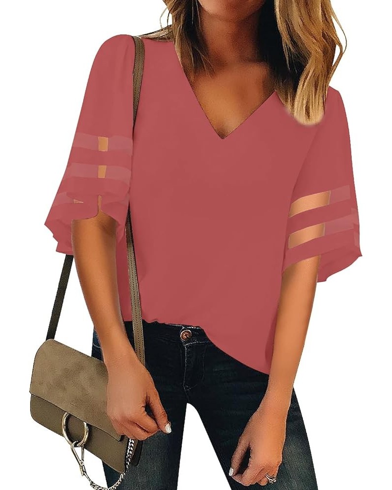 Women's V Neck Mesh Panel Blouse 3/4 Bell Sleeve Loose Top Shirt Half Sleeve Tea Rose $13.23 Blouses