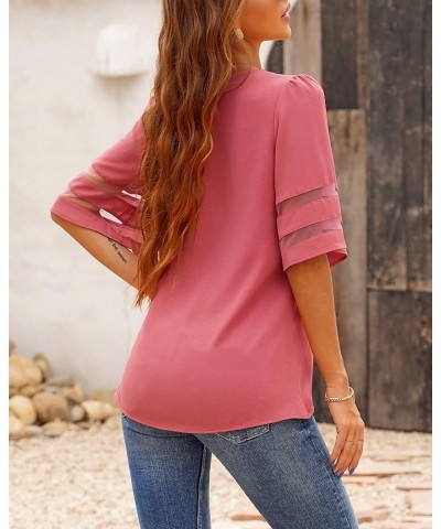 Women's V Neck Mesh Panel Blouse 3/4 Bell Sleeve Loose Top Shirt Half Sleeve Tea Rose $13.23 Blouses