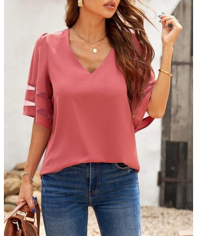 Women's V Neck Mesh Panel Blouse 3/4 Bell Sleeve Loose Top Shirt Half Sleeve Tea Rose $13.23 Blouses