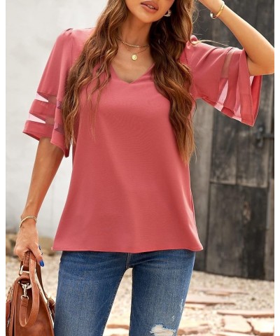 Women's V Neck Mesh Panel Blouse 3/4 Bell Sleeve Loose Top Shirt Half Sleeve Tea Rose $13.23 Blouses