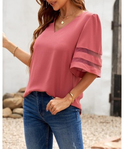 Women's V Neck Mesh Panel Blouse 3/4 Bell Sleeve Loose Top Shirt Half Sleeve Tea Rose $13.23 Blouses