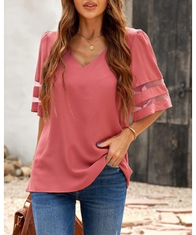 Women's V Neck Mesh Panel Blouse 3/4 Bell Sleeve Loose Top Shirt Half Sleeve Tea Rose $13.23 Blouses