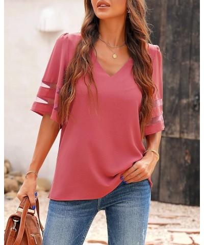 Women's V Neck Mesh Panel Blouse 3/4 Bell Sleeve Loose Top Shirt Half Sleeve Tea Rose $13.23 Blouses