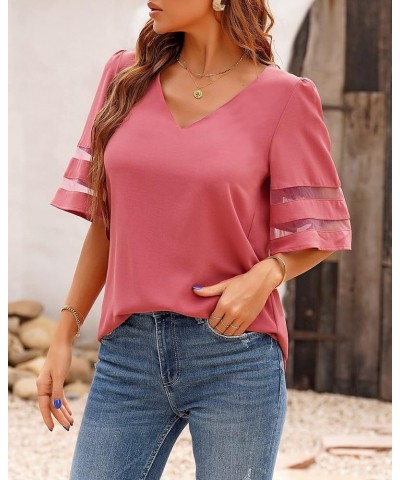 Women's V Neck Mesh Panel Blouse 3/4 Bell Sleeve Loose Top Shirt Half Sleeve Tea Rose $13.23 Blouses