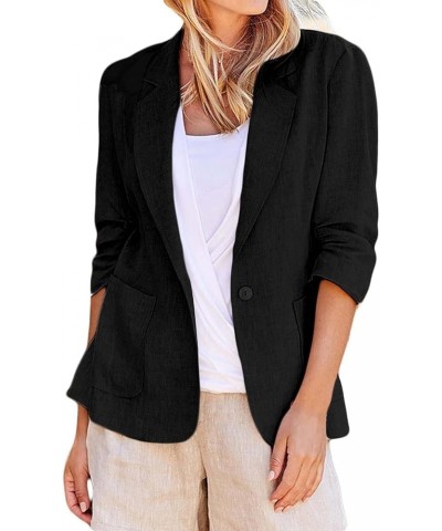 Womens Cotton Linen Blazer Jackets Plus Size 3/4 Sleeve Lapel Open Front Cardigan Jacket Business Casual Blazers Black $9.00 ...