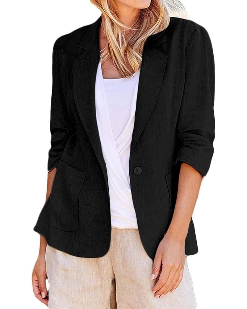 Womens Cotton Linen Blazer Jackets Plus Size 3/4 Sleeve Lapel Open Front Cardigan Jacket Business Casual Blazers Black $9.00 ...