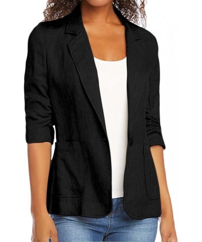 Womens Cotton Linen Blazer Jackets Plus Size 3/4 Sleeve Lapel Open Front Cardigan Jacket Business Casual Blazers Black $9.00 ...