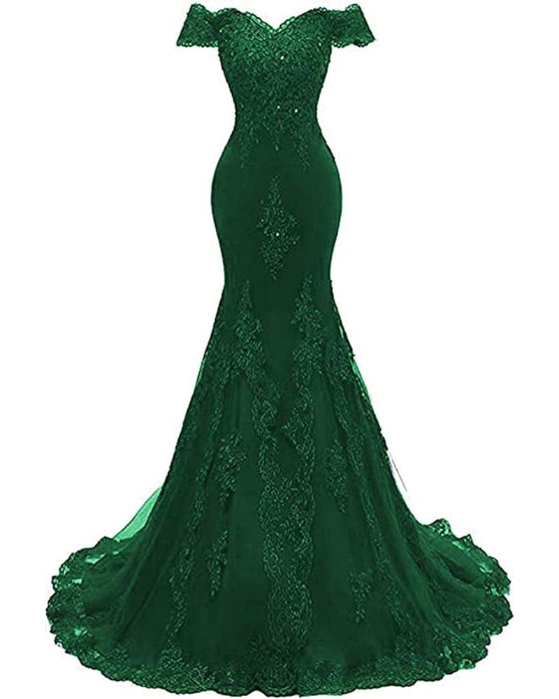 Women's Lace Mermaid Evening Prom Dresses Long Off Shoulder Appliqued Formal Gown PM39 Green $40.00 Dresses