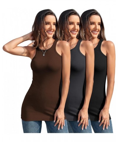 3Packs Cotton Ribbed High Neck Long Tank Top for Women Racerback Yoga Top Layering Undershirts Camisole Brown Black Dark Gray...