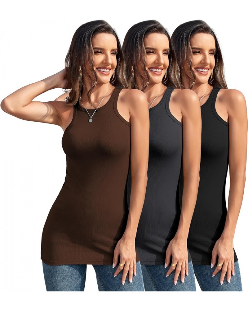 3Packs Cotton Ribbed High Neck Long Tank Top for Women Racerback Yoga Top Layering Undershirts Camisole Brown Black Dark Gray...